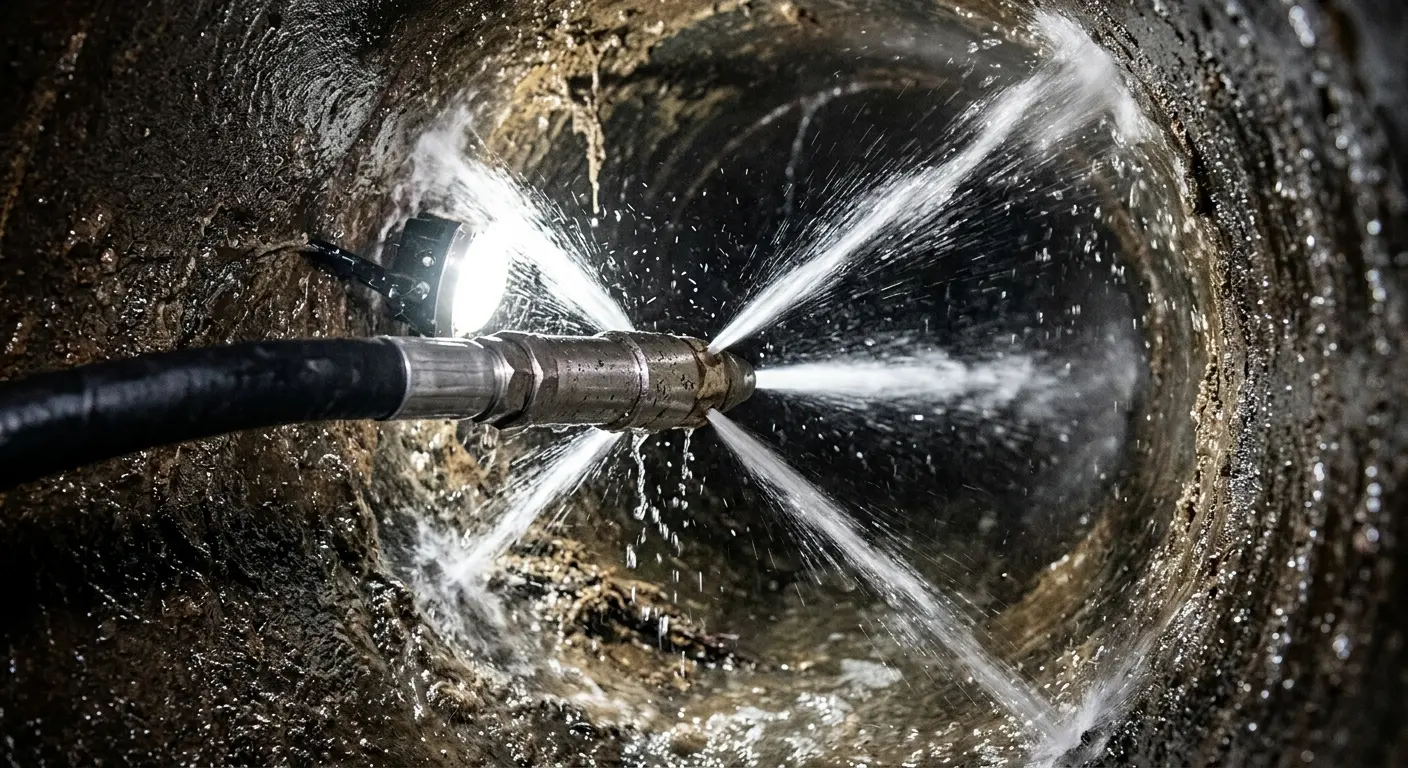 High-pressure hydro jetting nozzle cleaning sewer pipe for Sewer Line Relining in Upper Providence