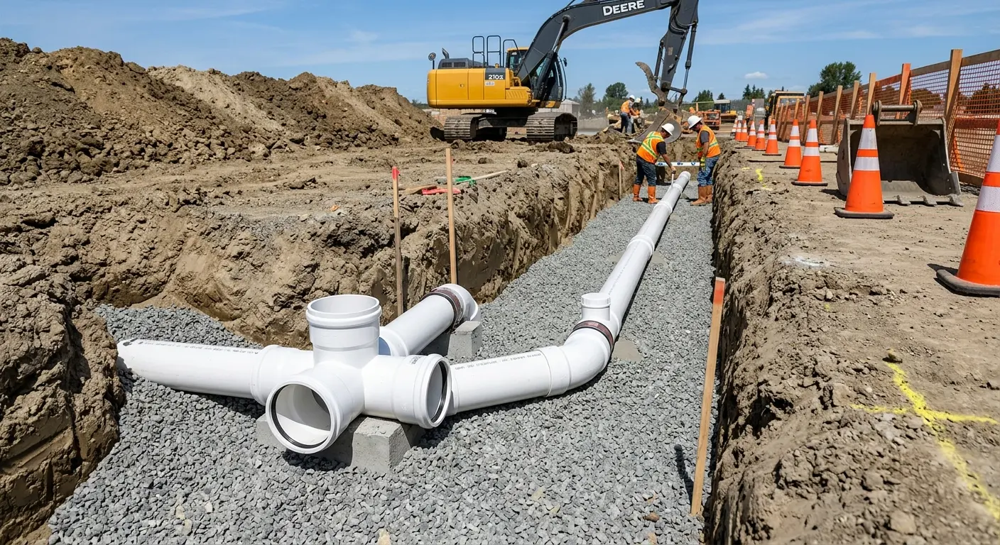 New PVC sewer pipe installation in open trench for Sewer Backup in Upper Providence