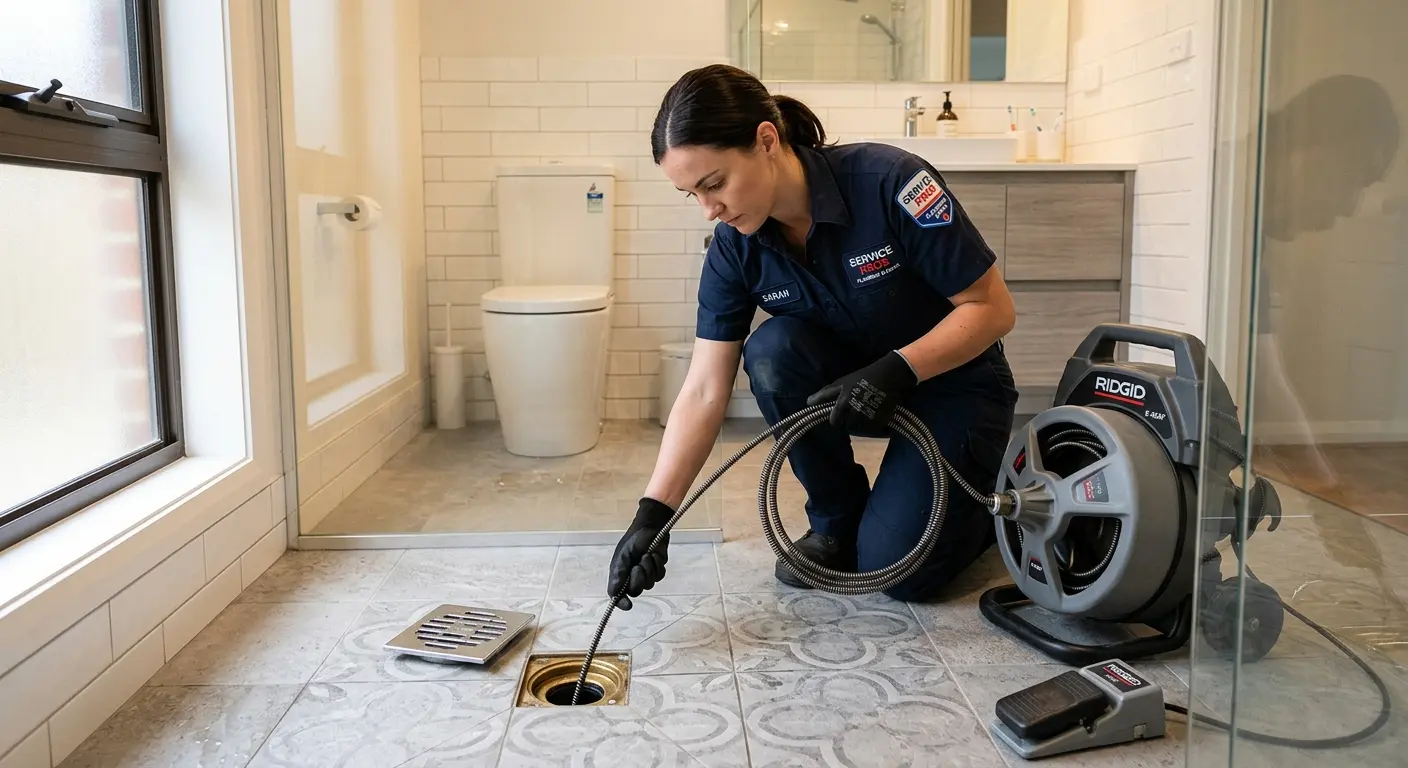 Technician clearing a bathroom floor drain for Sewer Line Replacement in Upper Providence